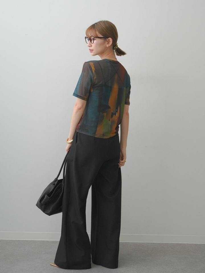 [SET]水彩アートシアーTシャツ+アシンメトリーベルトタックワイドパンツ(2set)
