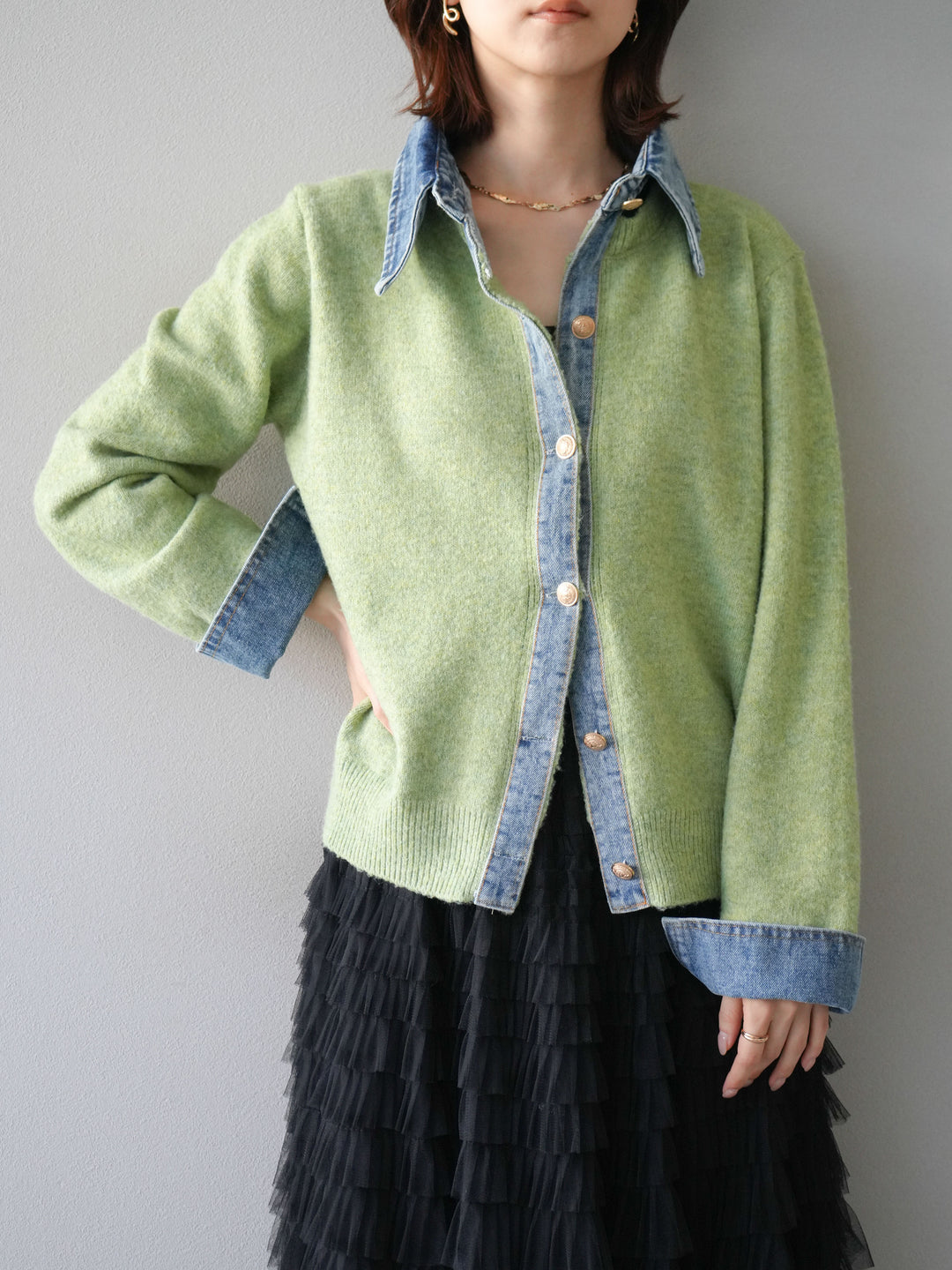[予約]デニム襟ボタンニットカーディガン/pistachio