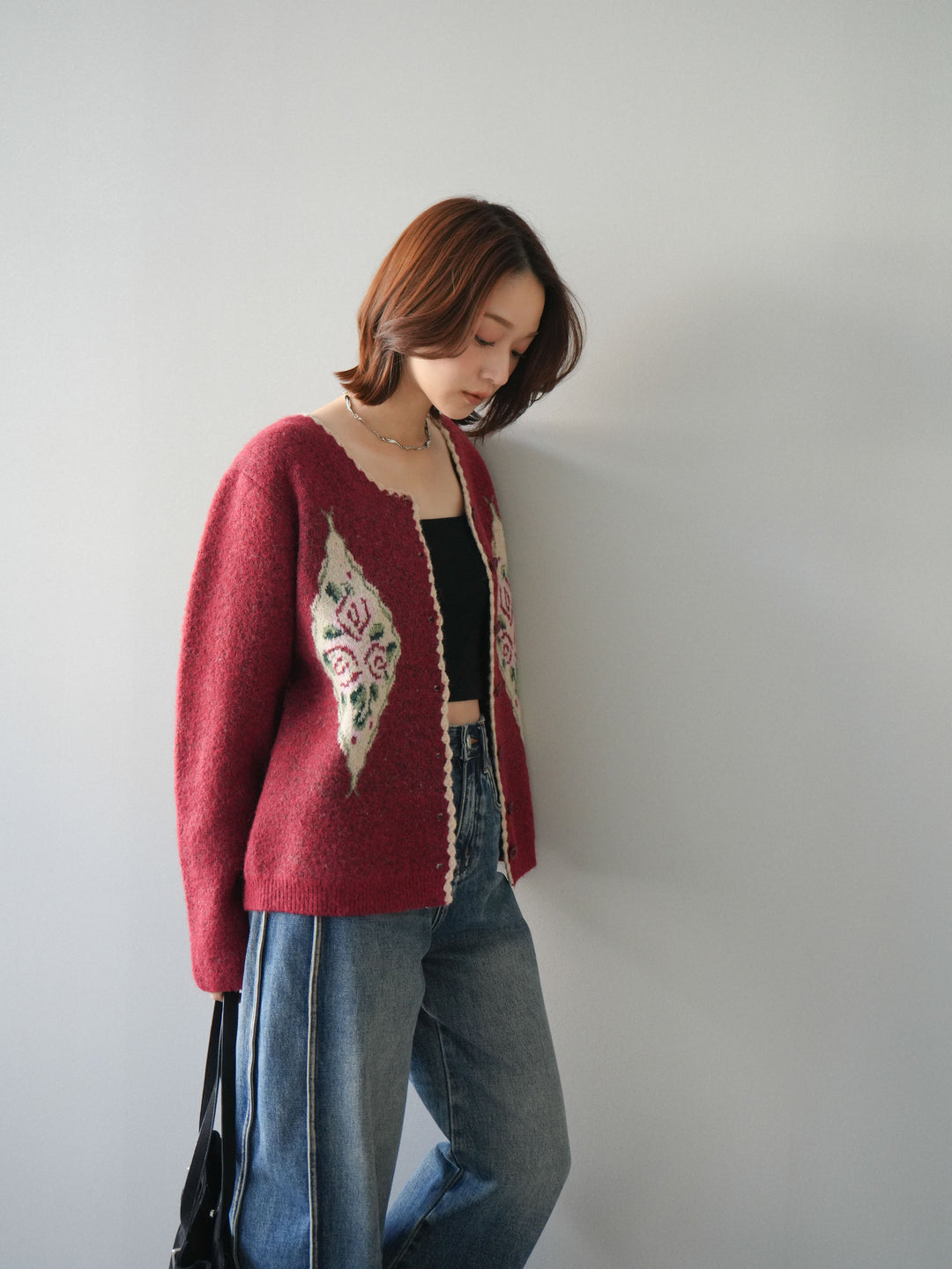 [予約]アンティークフラワージャガードニットカーディガン/red