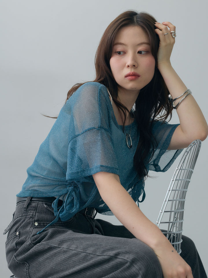 【預購】亮片薄紗側邊褶皺設計上衣 / 藍色
