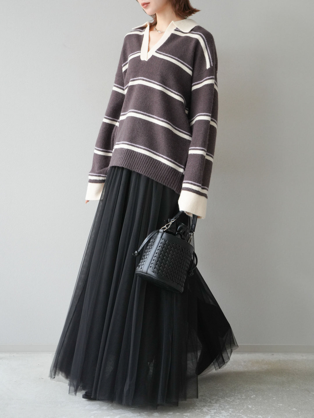 [SET]ポロ襟スキッパーボーダーニットプルオーバー+チュールボリュームスカート(2set)