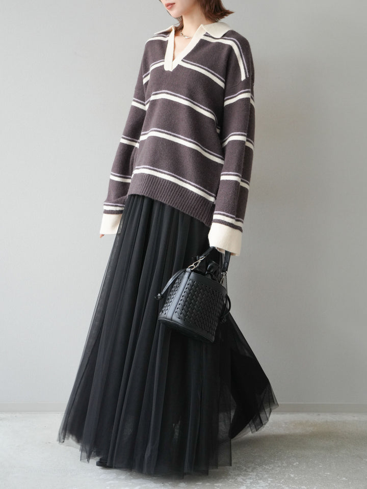 [SET]ポロ襟スキッパーボーダーニットプルオーバー+チュールボリュームスカート(2set)