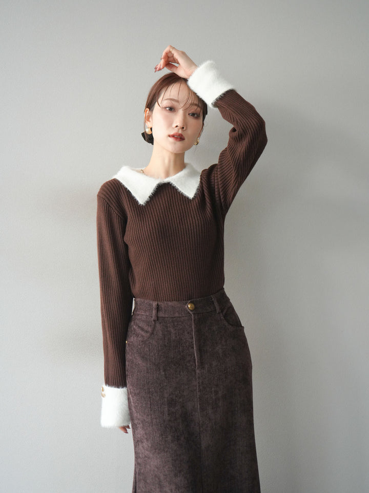 [SET]シャギー襟リブニットトップス+ベルベットマーメイドスカート(2set)
