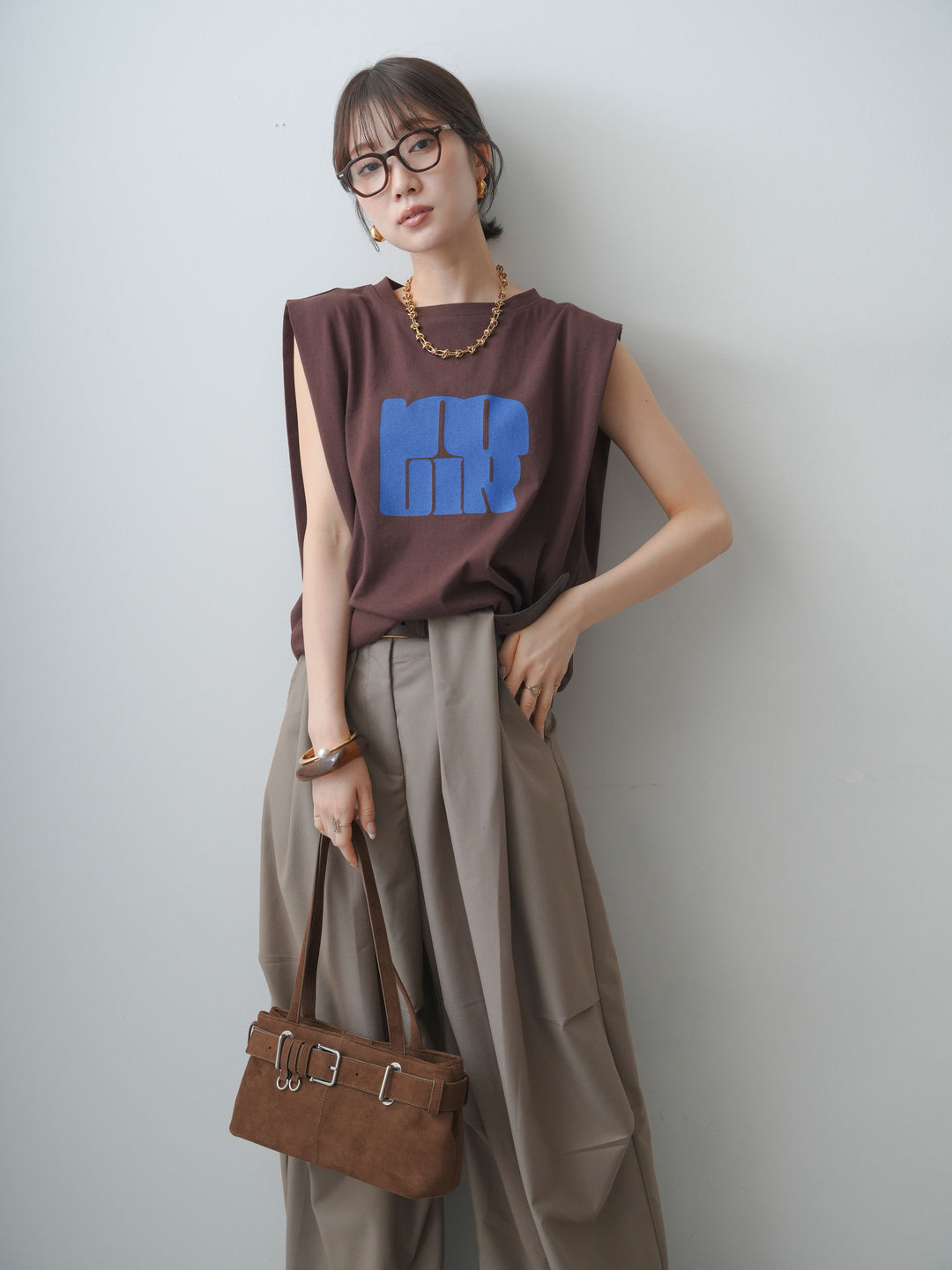 [SET]ワイドネックプリントTEE+ショルダータックノースリーブオーバーTEE(2set)