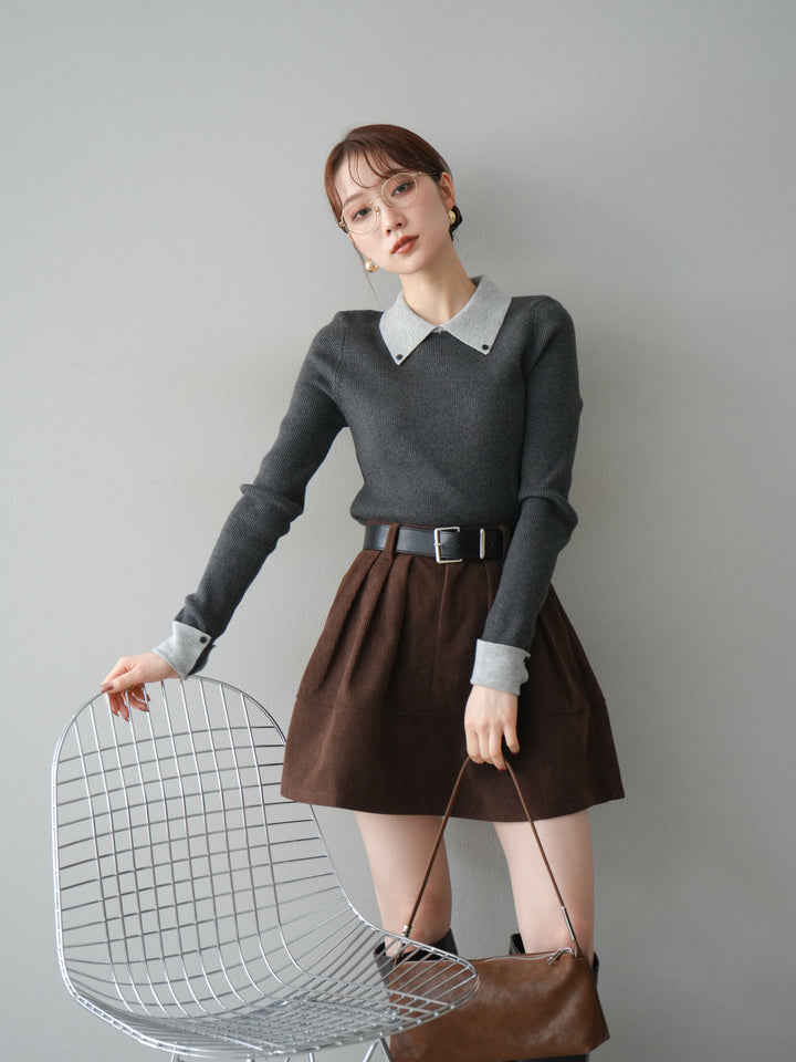 [予約]ニットカフス襟付き配色リブニットトップス/charcoal