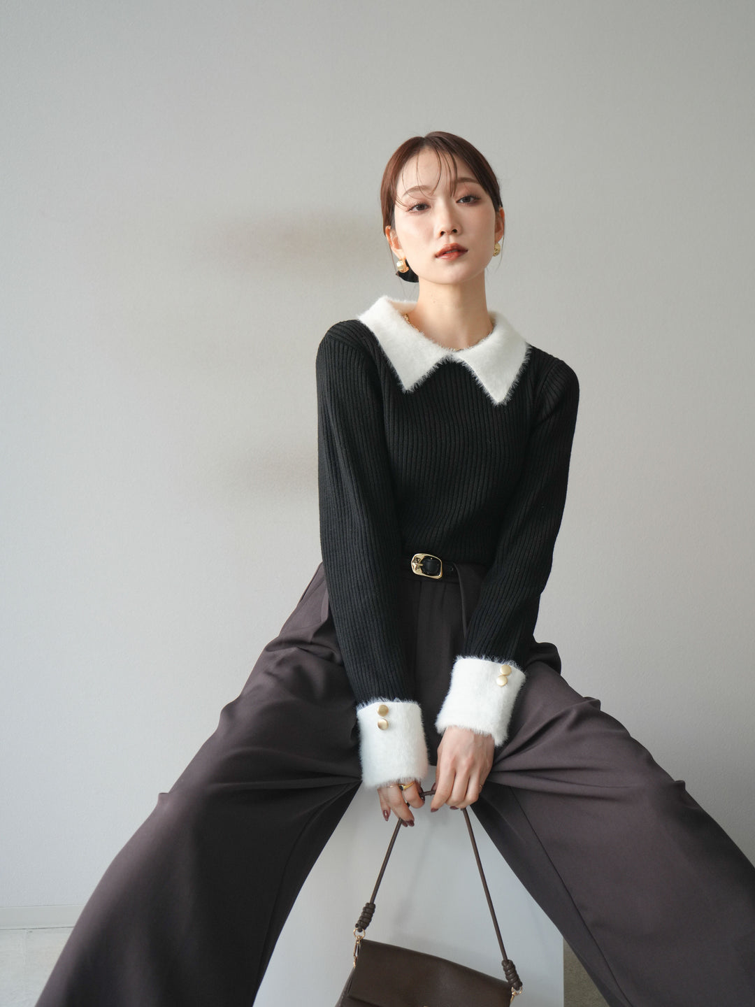 [SET]シャギー襟リブニットトップス+ベルトループデザインワイドパンツ(2set)