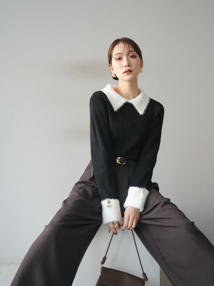 [SET]シャギー襟リブニットトップス+ベルトループデザインワイドパンツ(2set)