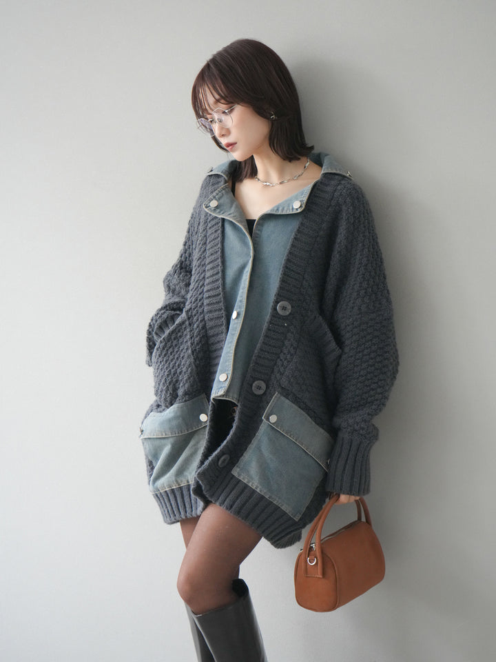 [SET]デニム襟レイヤードニットジャケット+デニム襟レイヤードニットジャケット(2set)