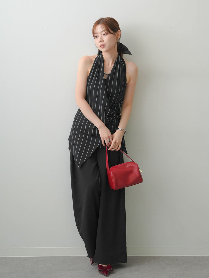 [SET]ストライプカシュクールジレ+クレープデシンタックワイドパンツ(2set)