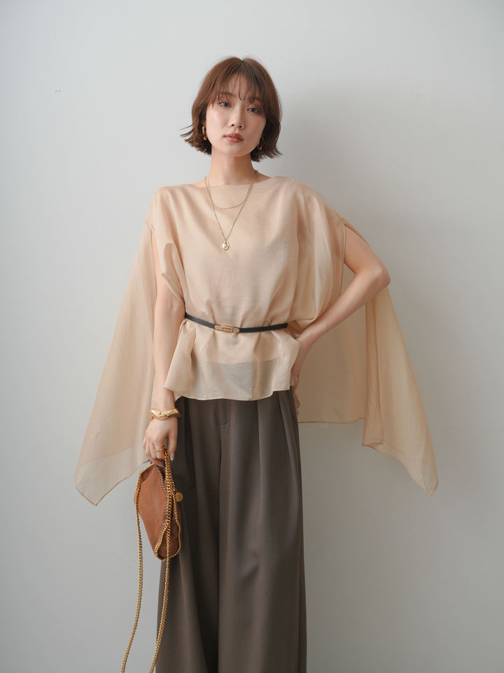 [予約]ベルト付シアーケープレイヤードブラウス/beige