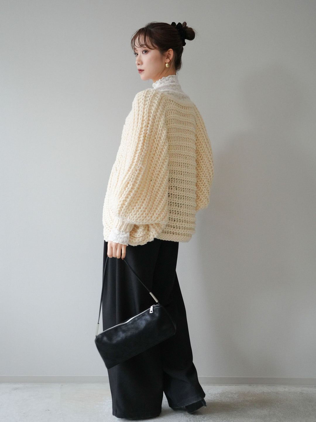 [SET]ローゲージ畦編みドルマンニットボレロ+起毛レースプチネックトップス+ベルトループデザインワイドパンツM(3set)