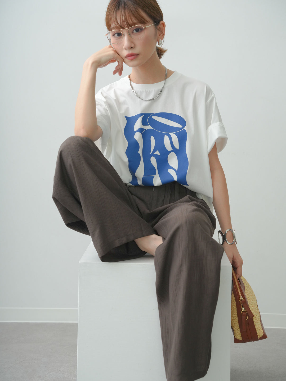 [SET]クールタッチアートロゴオーバーTEE+ベルト付ワッシャーライトワイドパンツ(2set)
