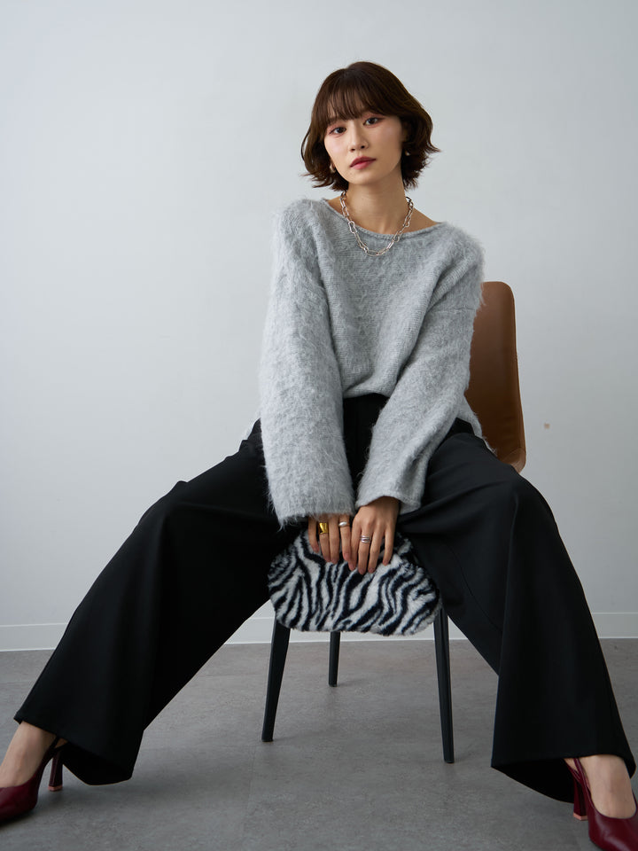[SET]ボートネックシャギーオーバーニットトップス+ツイルタックワイドパンツ(2set)