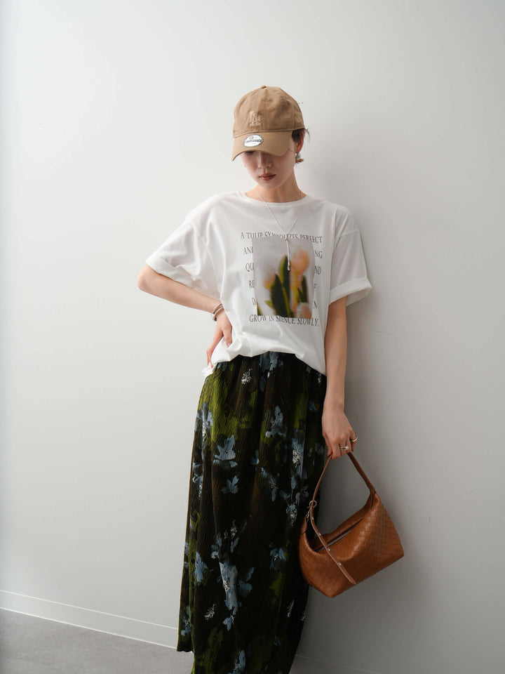 【着回しセット】フラワーフォトTEE+フラワープリントドレープタックパンツ+フラワープリントIラインギャザースカート(3set)