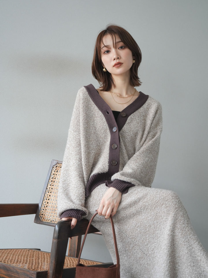 [SET]ブークレバイカラーニットカーディガン+ブークレバイカラータイトニットスカート(2set)