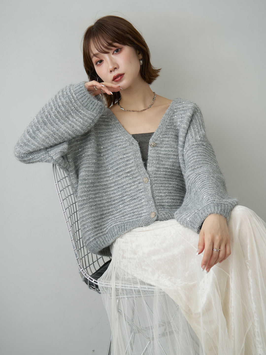 [SET]スパンコールデザインボタンカーディガン+選べるアクセセット(2set)