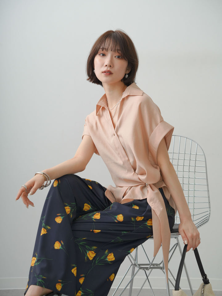 【套裝】金屬圖案裹身式不對稱短袖襯衫 + 金屬圖案裹身式不對稱短袖襯衫（2件套）