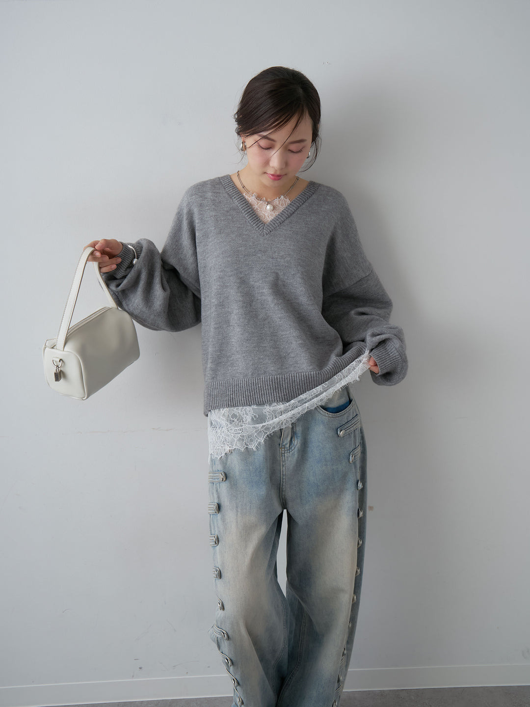 [SET]アルパカタッチレースドッキングVネックニットトップス+アルパカタッチレースドッキングVネックニットトップス(2set)