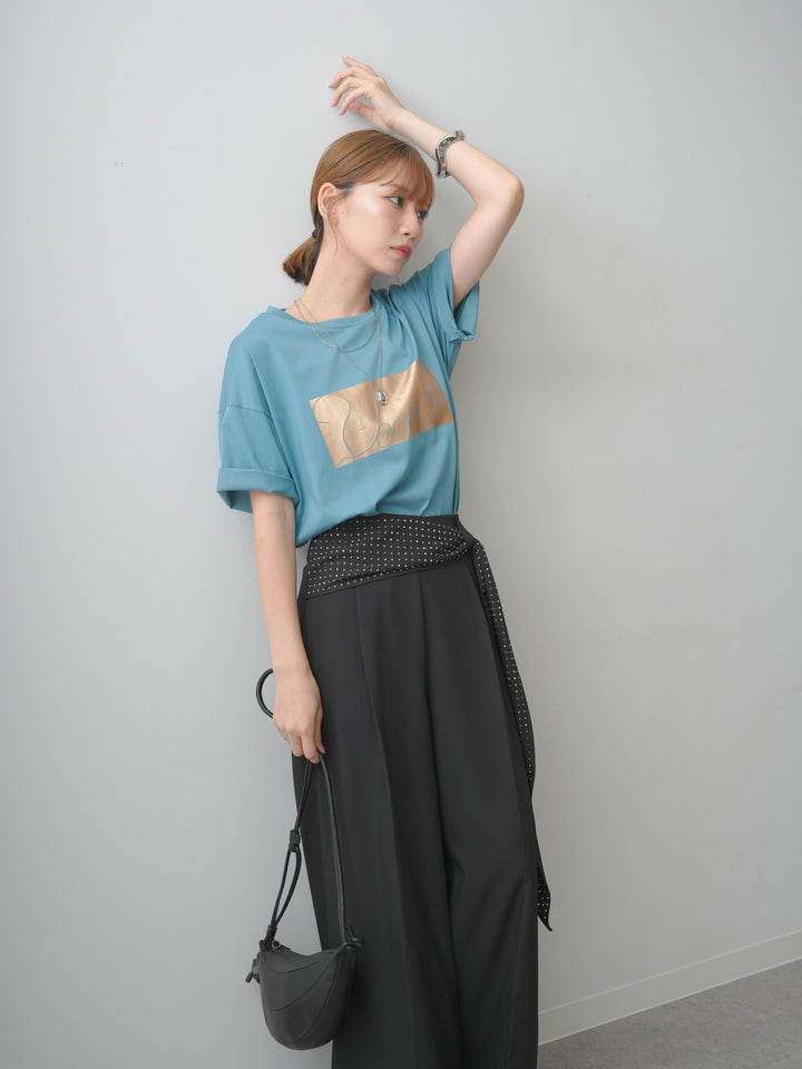 [SET]箔プリントボックスTEE+ビジューベルトタックワイドパンツ(2set)
