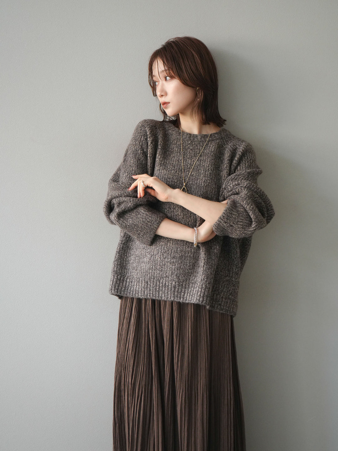 [予約]クルーネック畦編みミックスニット/brown