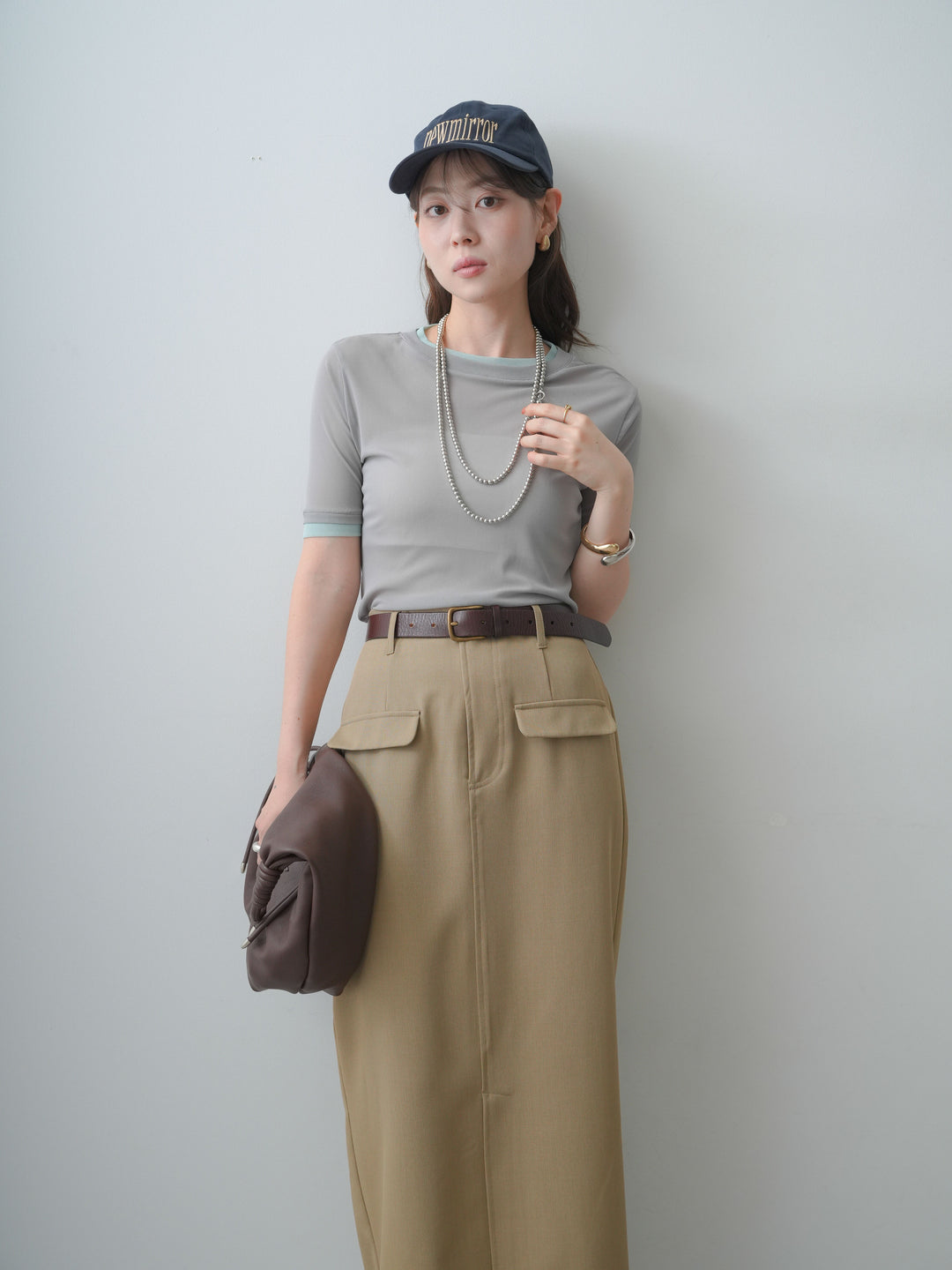 [SET]トリムレイヤードシアー半袖トップス+クレープデシンフラップ付きストレートスカート(2set)