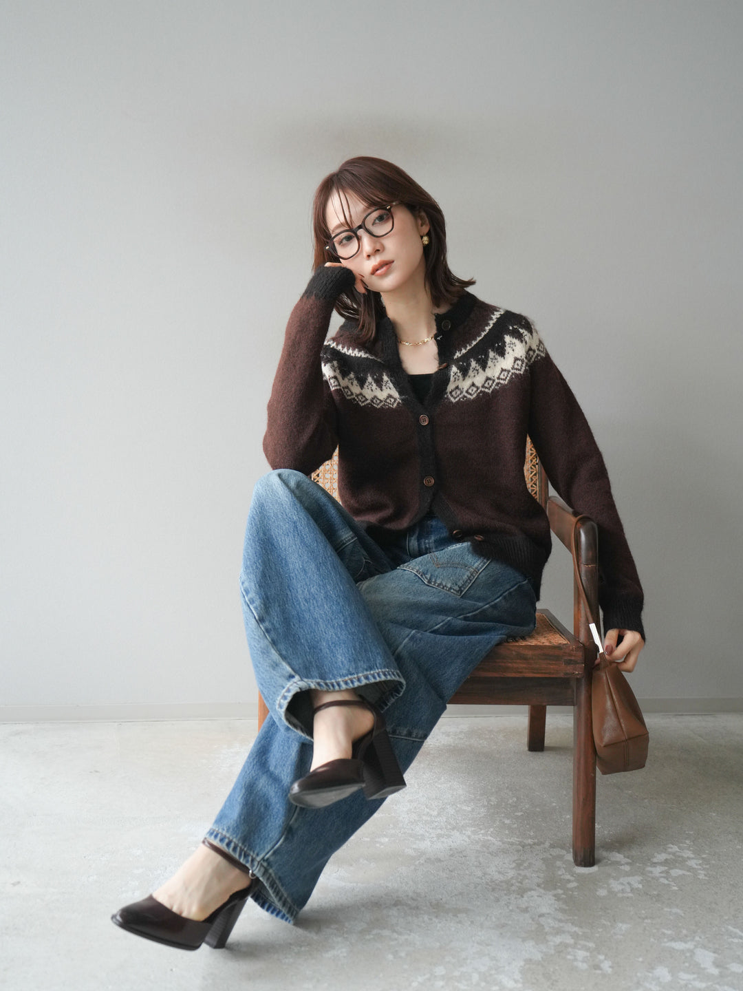 [SET]ノルディック柄ニットカーディガン+ペインターカーブデニムパンツ(2set)