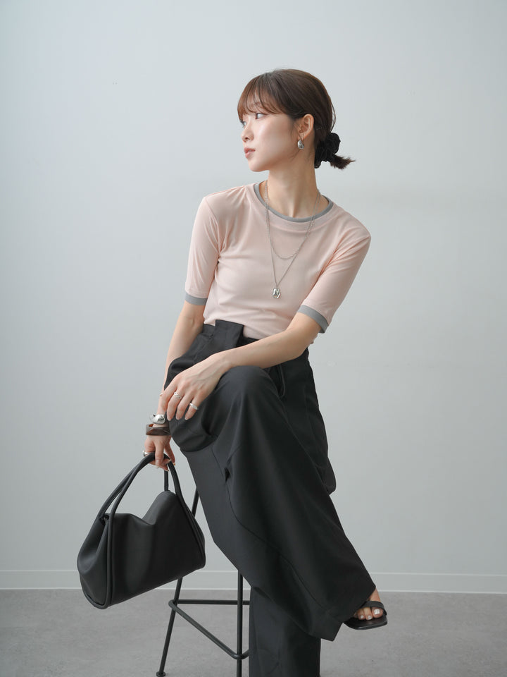 [SET]トリムレイヤードシアー半袖トップス+ベルトループカーブタックワイドパンツ(2set)