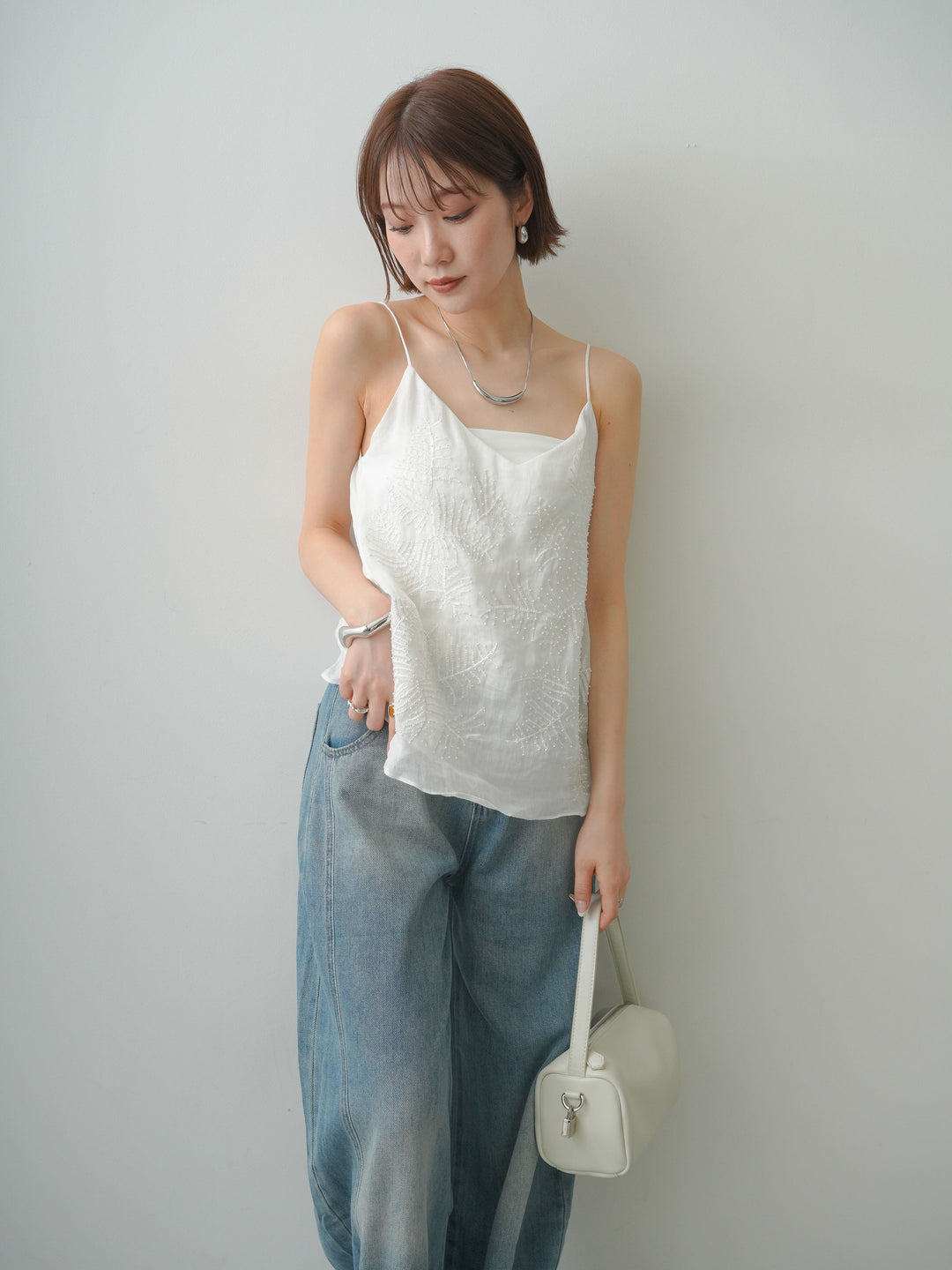 【套裝】棕櫚珠刺繡吊帶背心+輕薄復古風牛仔褲（兩件套）