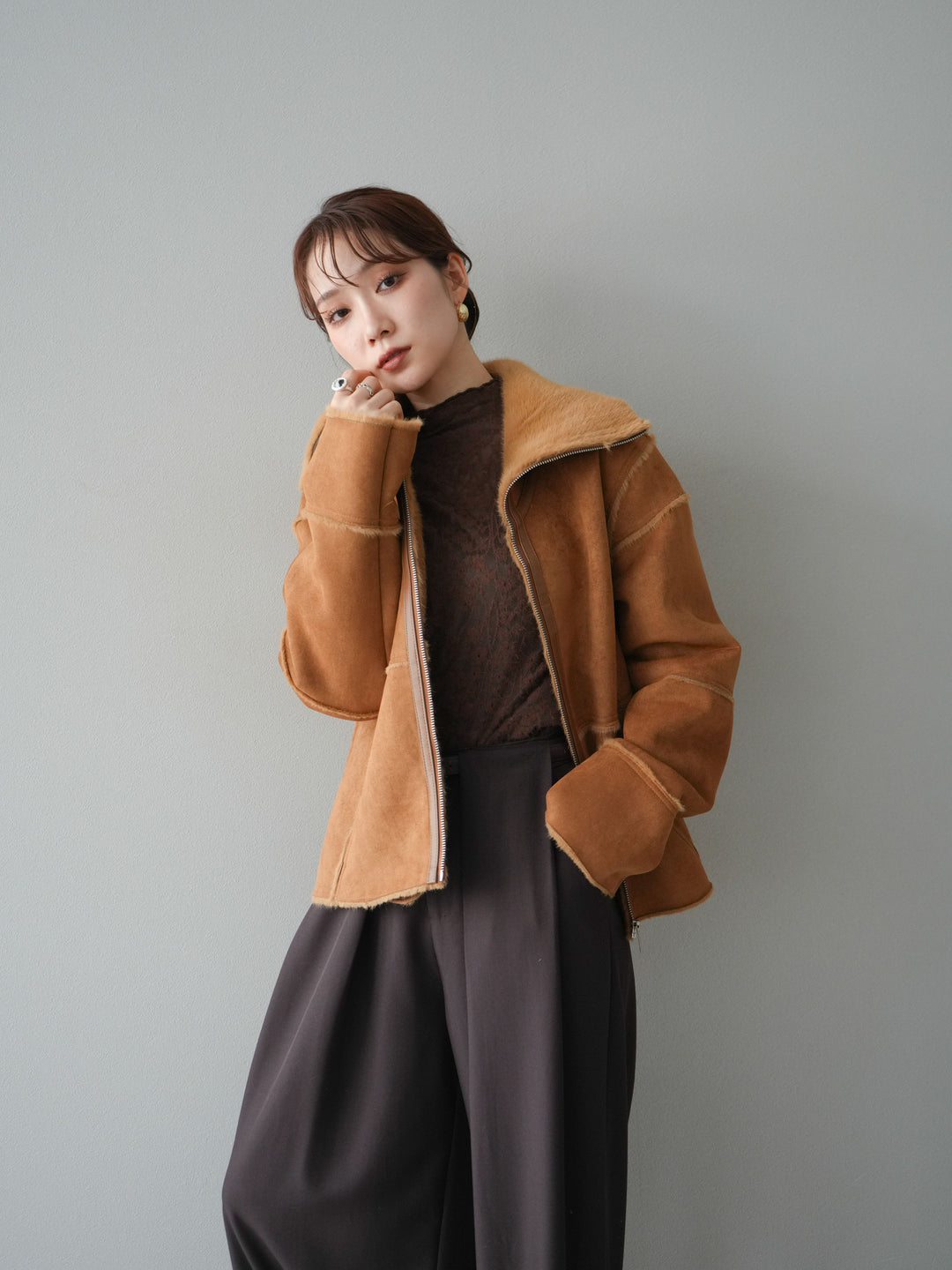 [予約]スタンドカラームートンZIPジャケット/camel