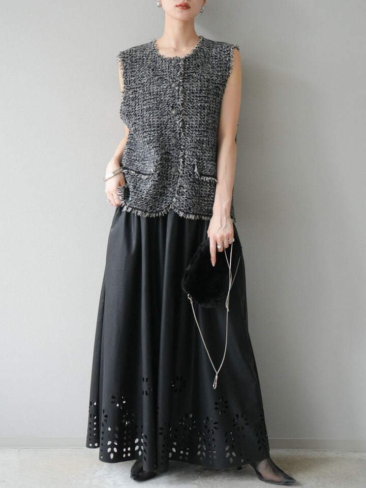 [予約]ミックスツイードフリンジニットベスト/ブラック