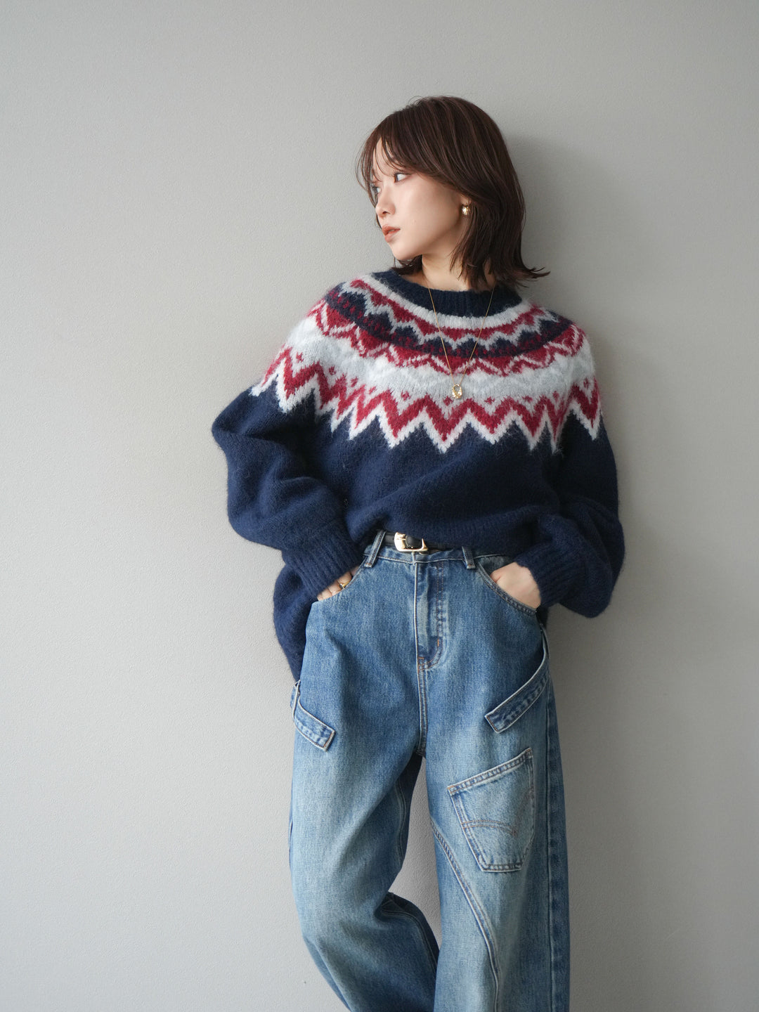 [SET]求心柄オーバーニットプルオーバー+ペインターカーブデニムパンツ(2set)