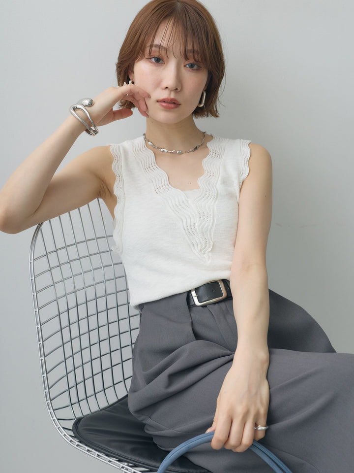 [SET]カーブデザインリブニットタンクトップ+ベルトループデザインワイドパンツ(2set)
