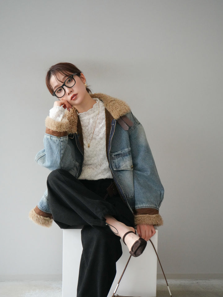 [予約]スタンドカラーファー×デニムジャケット/lightblue