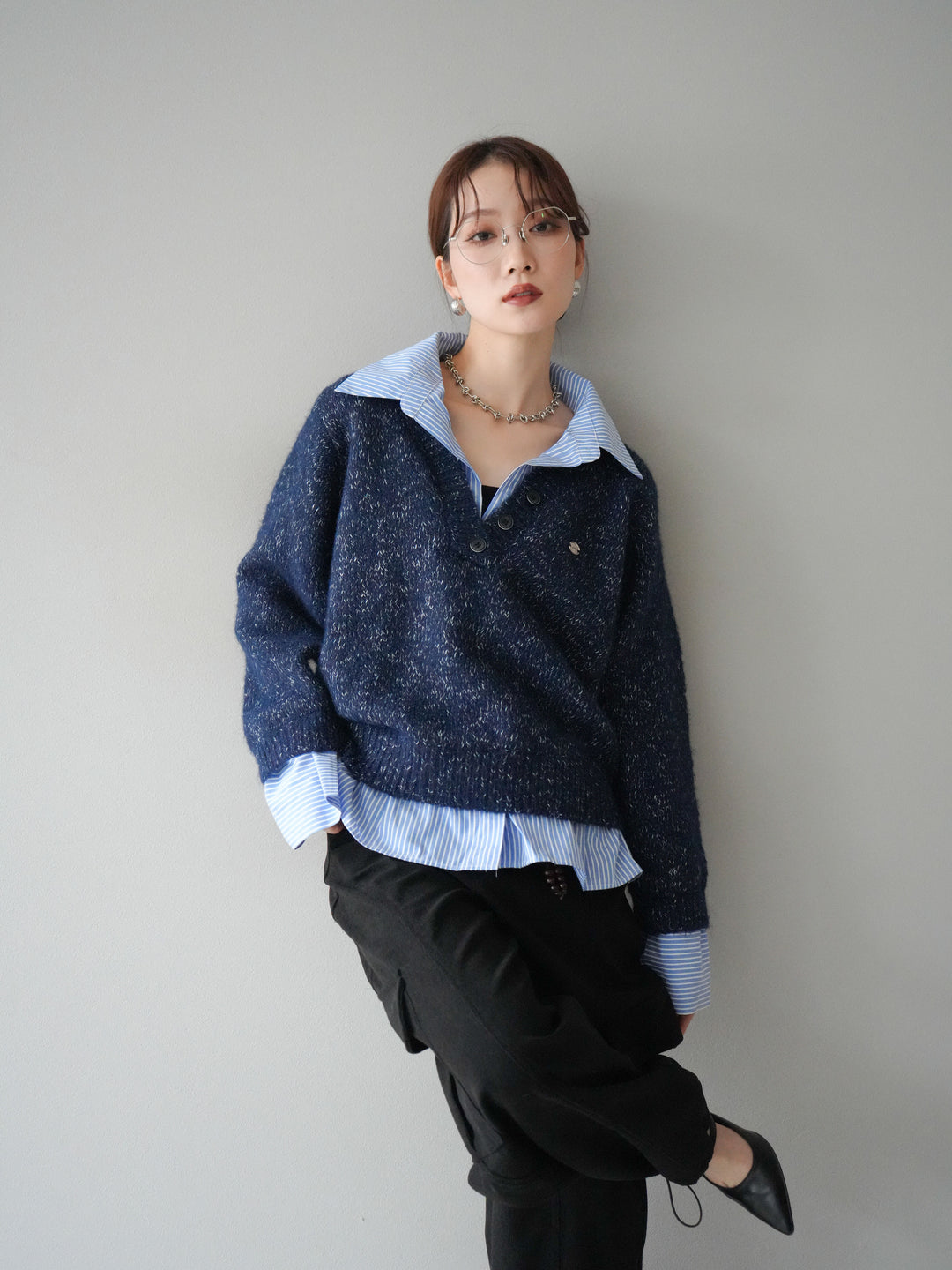 [予約]ストライプシャツドッキングMIXヤーンニットプルオーバー/navy