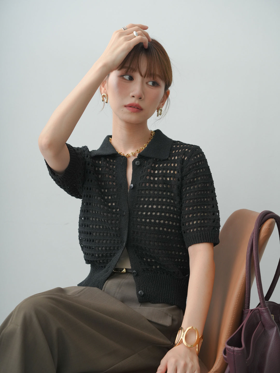 [SET]格子編み襟付きハーフニットカーディガン+クレープデシンフラップ付きストレートスカート(2set)