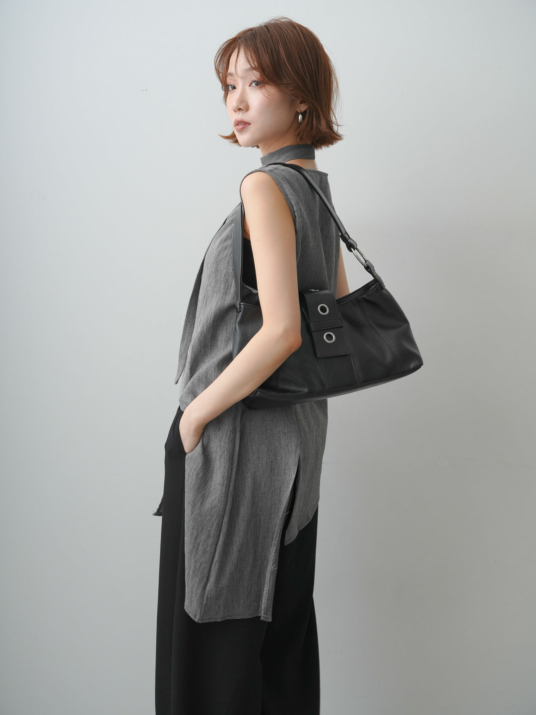 [SET]タイ付アシメヘムノースリトップス+リラックスドレープスウェットパンツ(2set)