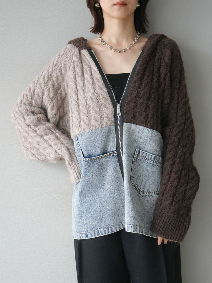 [予約]デニム×バイカラーニットZIPフーディ/brown
