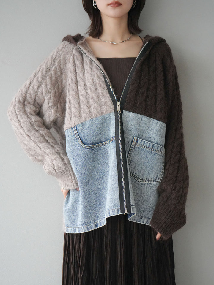 [予約]デニム×バイカラーニットZIPフーディ/brown