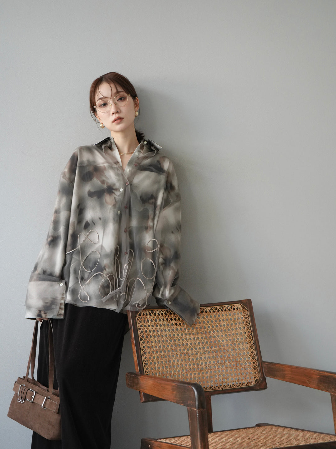 [SET]コード刺繍チュールシャツ＆ニュアンス柄シャツアンサンブル+ベロアナロースカート(2set)