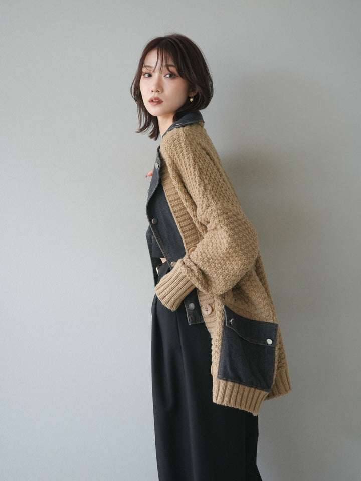 [予約]デニム襟レイヤードニットジャケット/beige