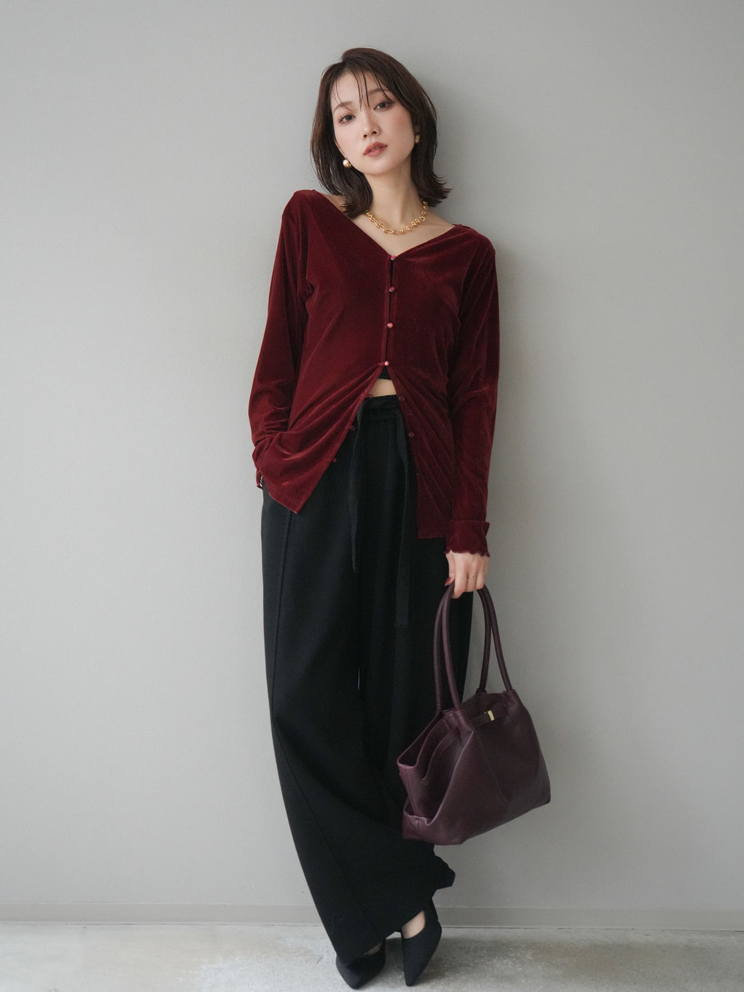 [予約]ベロアカーディガン/bordeaux