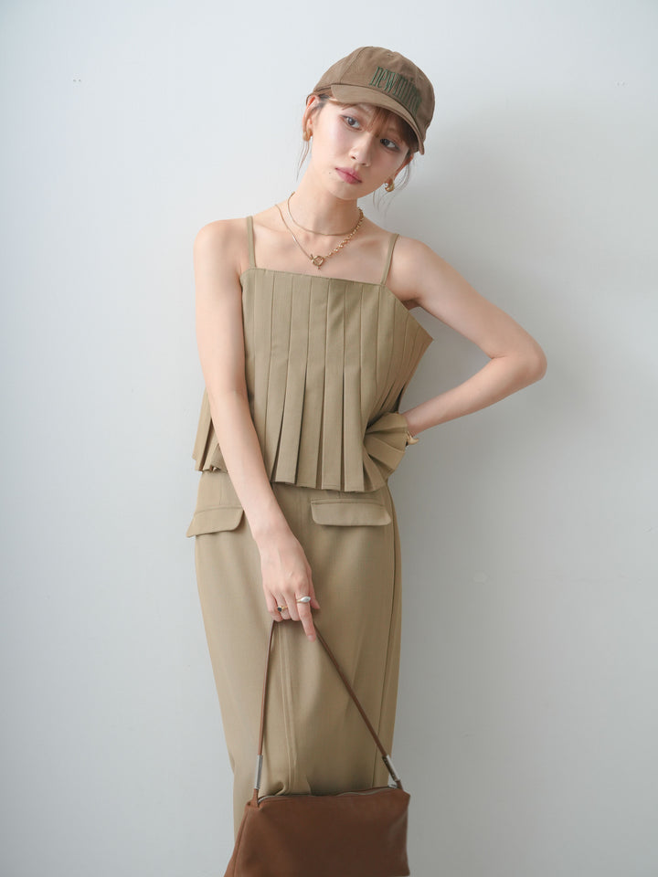 [SET]クレープデシンタックキャミソール+クレープデシンフラップ付きストレートスカート(2set)