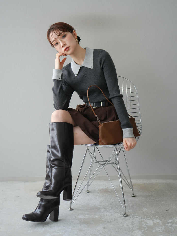 [予約]ニットカフス襟付き配色リブニットトップス/charcoal