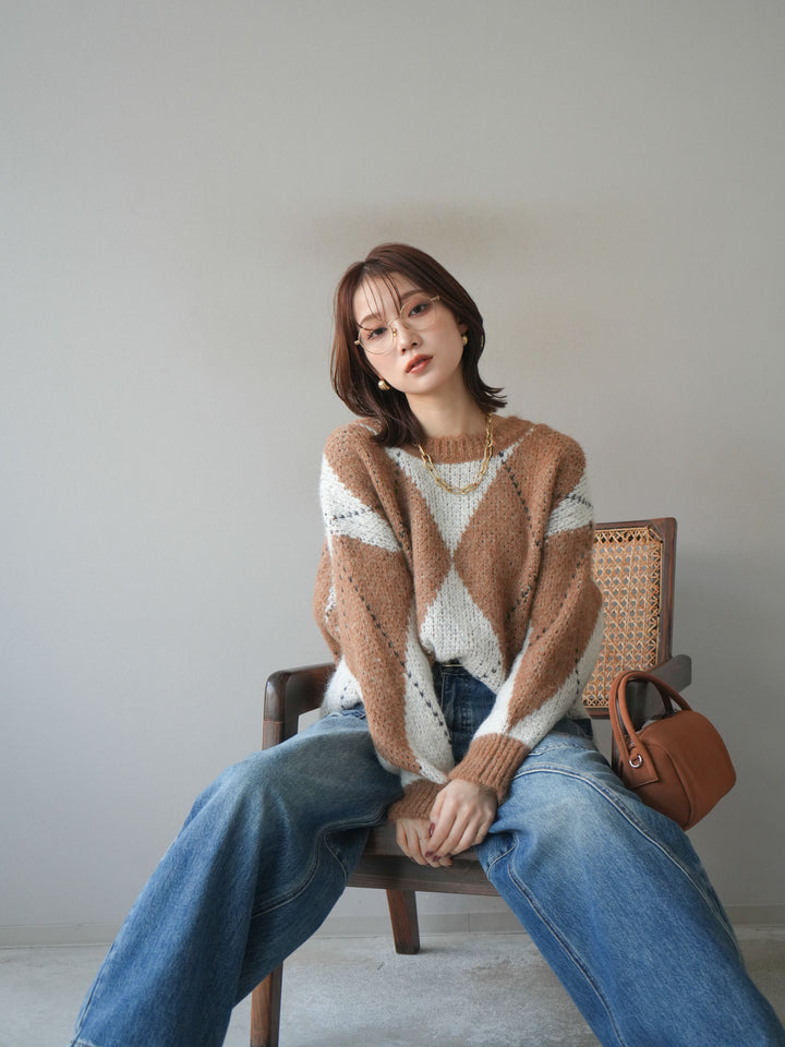 [予約]アーガイルオーバーニットプルオーバー/camel