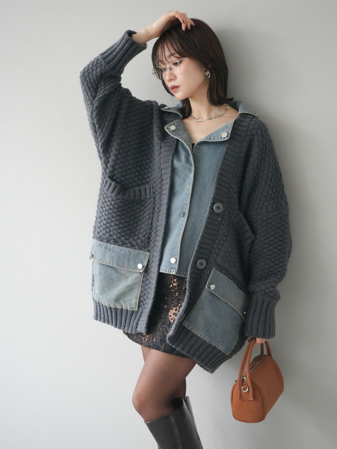 [SET]デニム襟レイヤードニットジャケット+デニム襟レイヤードニットジャケット(2set)