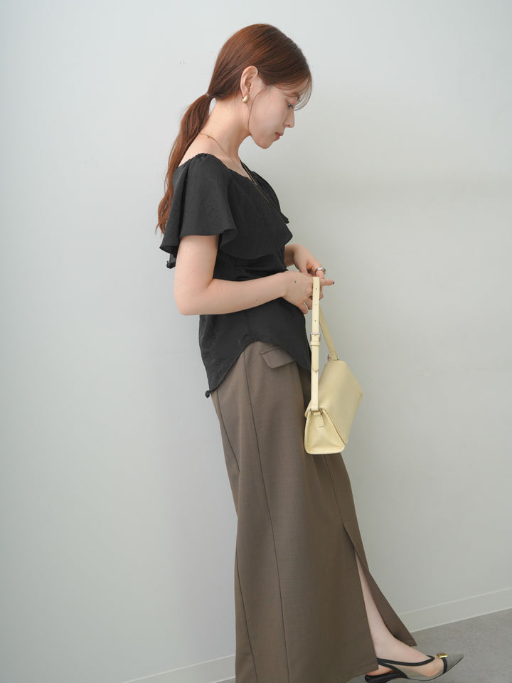 [SET]ラッフルオフショルブラウス+クレープデシンフラップ付きストレートスカート(2set)