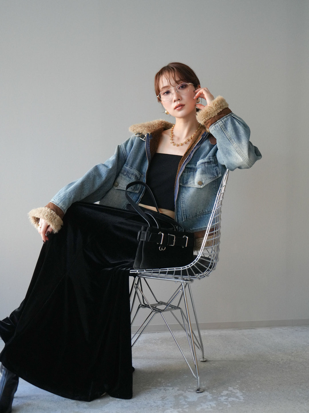 [予約]スタンドカラーファー×デニムジャケット/lightblue