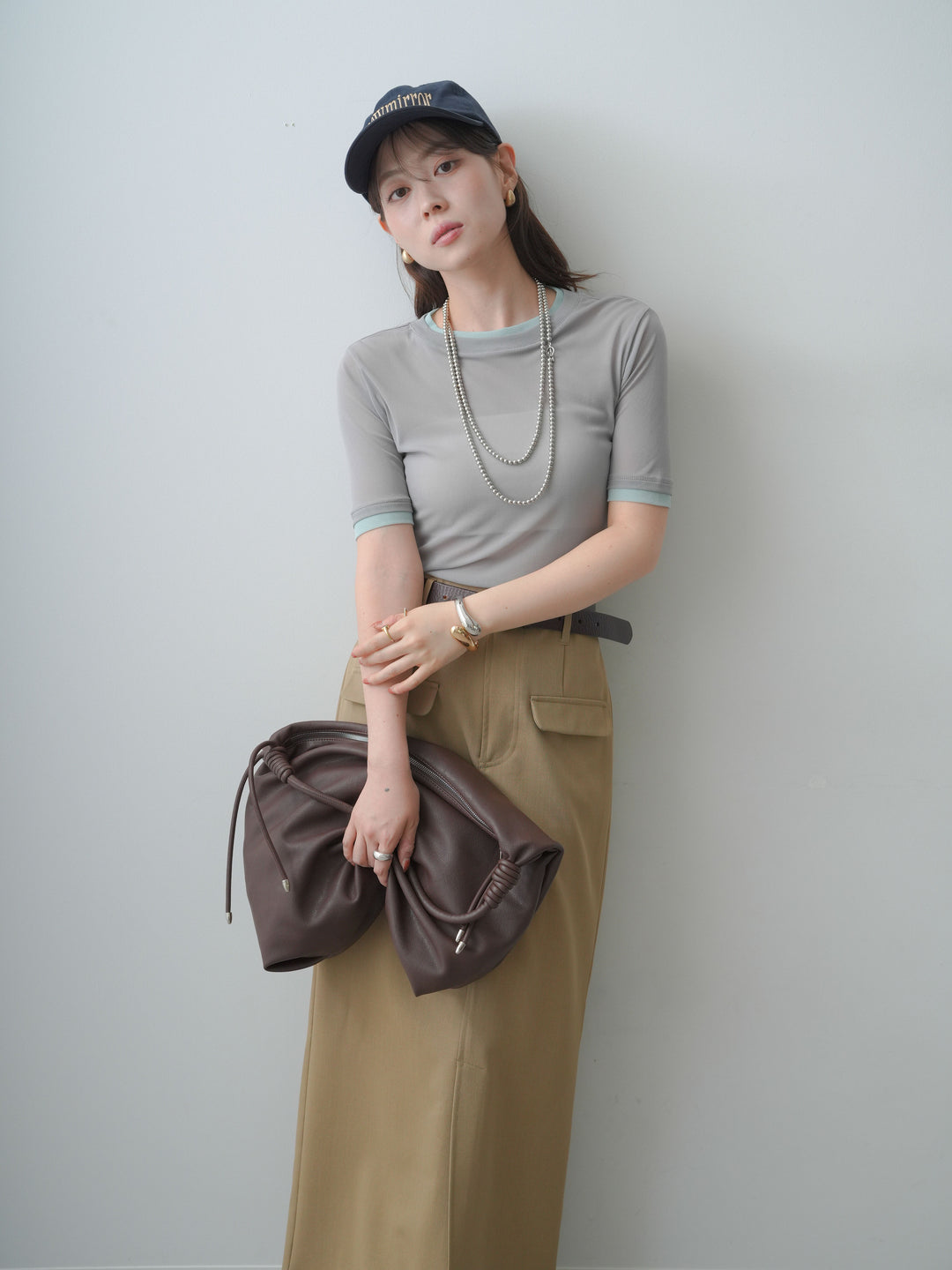 [SET]トリムレイヤードシアー半袖トップス+クレープデシンフラップ付きストレートスカート(2set)