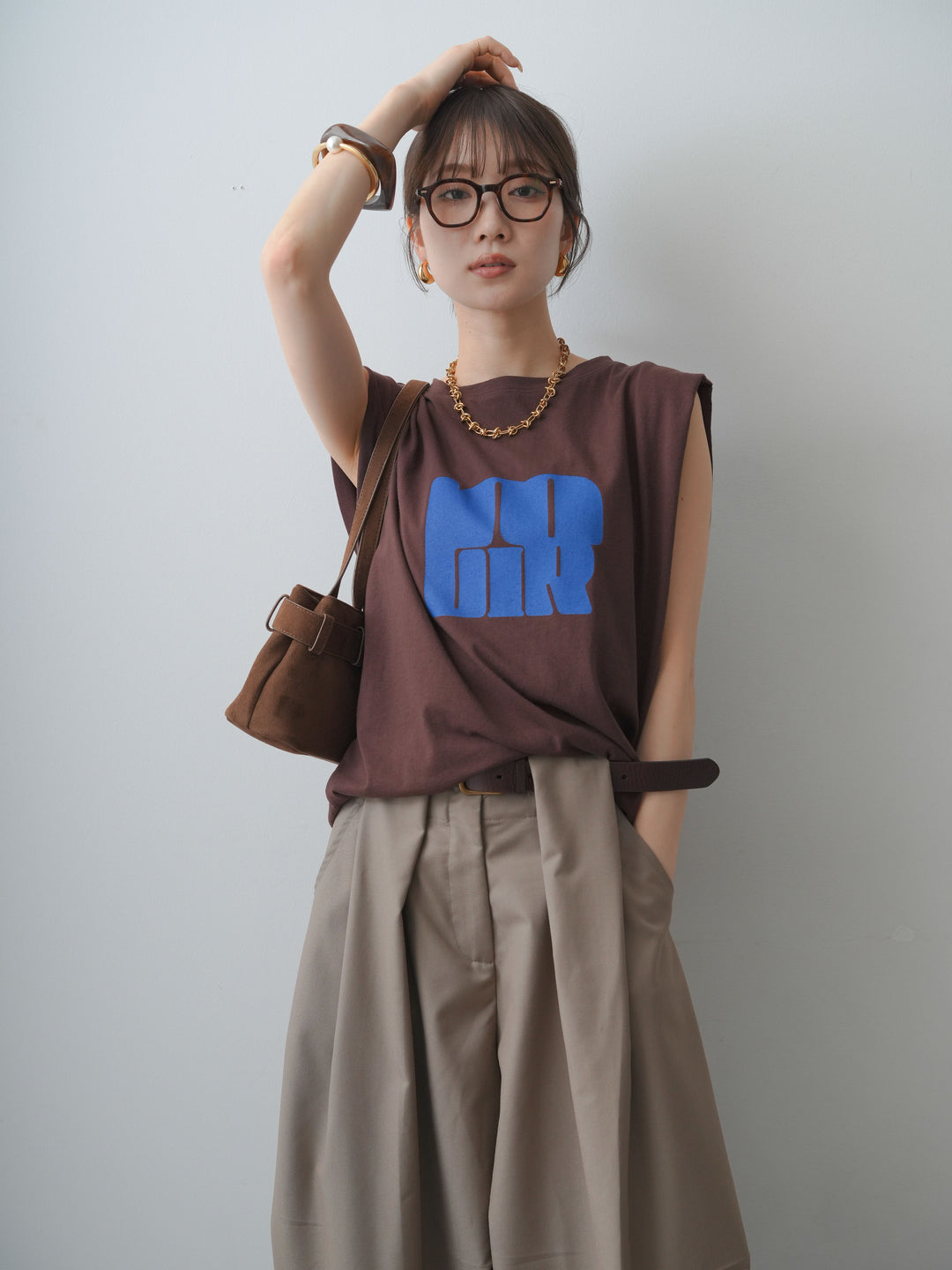 [SET]ワイドネックプリントTEE+ショルダータックノースリーブオーバーTEE(2set)