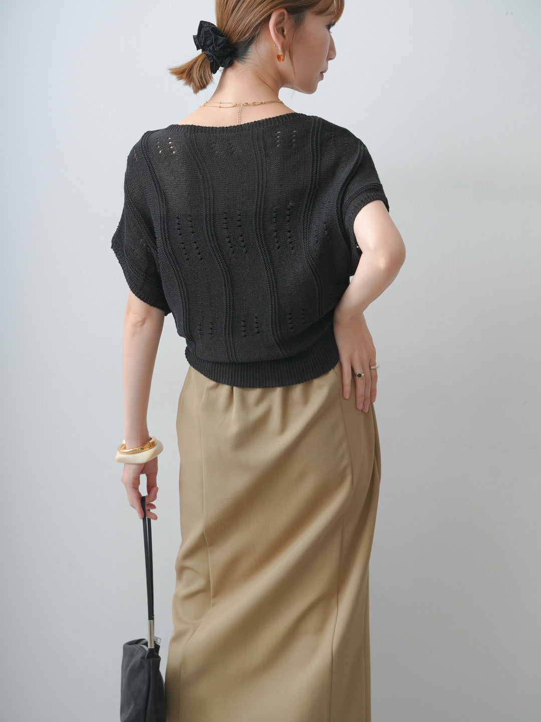 [SET]アイレットサマーニットトップス+クレープデシンフラップ付きストレートスカート(2set)